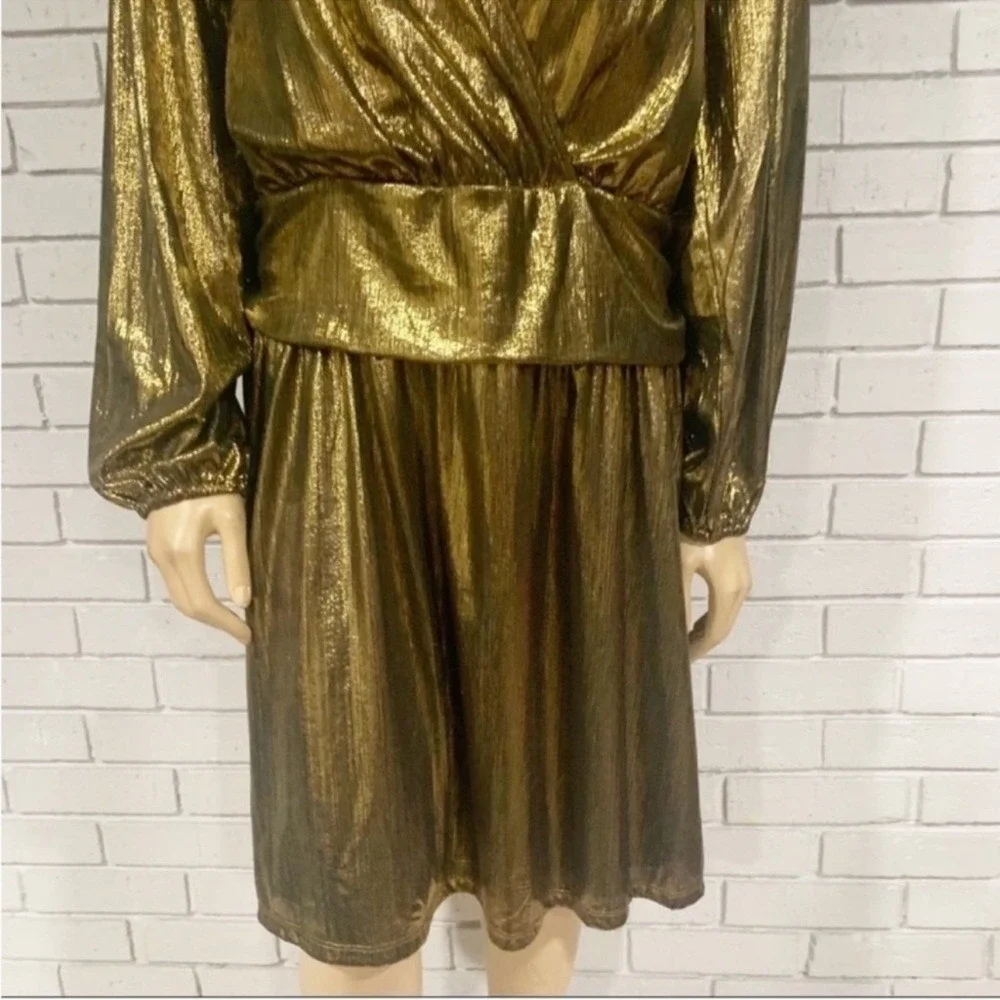 Michael Kors Gold Metallic Surplice V-Neck Wrap Dress Holiday Glam NWT 3X
